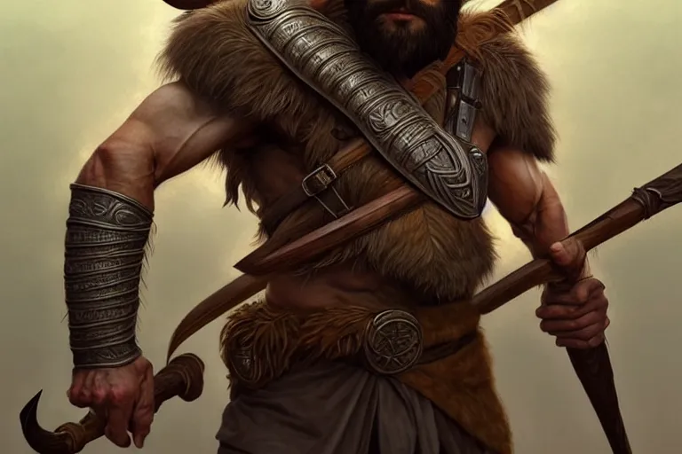 Image similar to full body portrait of a gruff ranger with a spear, lean and toned, handsome face, hairy chest and hairy body, D&D, intricate, elegant, highly detailed, digital painting, artstation, concept art, matte, sharp focus, illustration, art by Artgerm and Greg Rutkowski and Alphonse Mucha