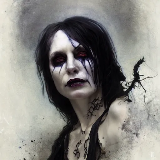 Image similar to portrait of vladimir putin as death from sandman, gentle smile, by cedric peyravernay, alphonse mucha, by jeremy mann, by lecouffe deharme, goth chic, soft lightning, eyeliner, punk rock, high detailed, 8 k