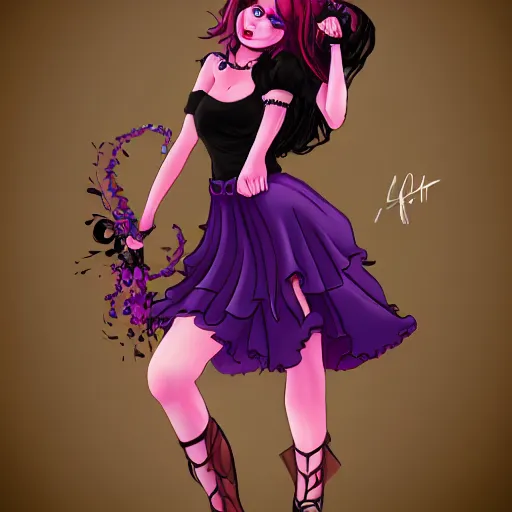 Prompt: full body art of a cute woman, long purple hair, black tanktop, red tartan skirt, black gloves, purple lipstick, digital art, fantasy art, 4k,