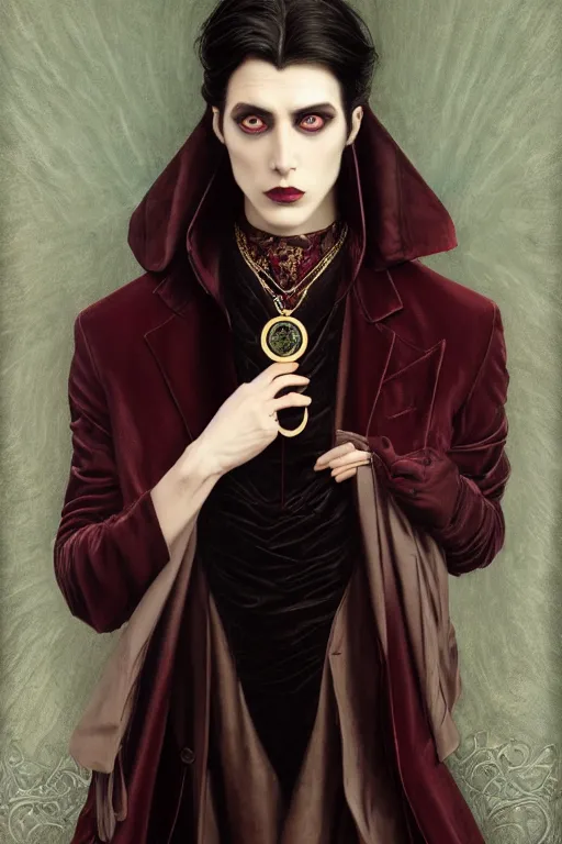 Image similar to a beautiful androgynous man, long thick dark hair, deep brown eyes, vampire, dressed in velvet, wearing a ruby pendant, illustration, dramatic lighting, soft details, painting oil on canvas, art nouveau, octane render, HDR, 4k, 8k, HD, by Edmund Blair Leighton, Brom, Charlie Bowater, faces by otto schmidt