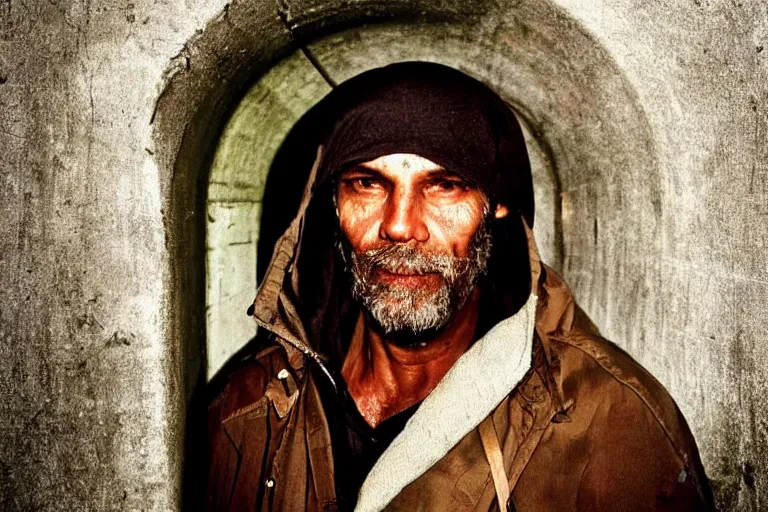 Image similar to a cinematic!! headshot photograph!! of a beautiful homeless war veteran, stood in a tunnel, rain, film still, cinematic, dramatic lighting, by bill henson