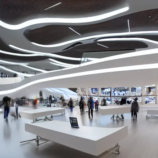 Image similar to A flagship Samsung store. white walls. timber floor. high ceilings with spots. curved white furniture with large digital screen. display tables with phones and tablets, pots with plants, digital screens on the walls, Architectural photography. 14mm. High Res 8K. award winning architectural design inspired by a Zaha Hadid, Foster and Partners, Calatrava, modern, high-tech, sci-fi