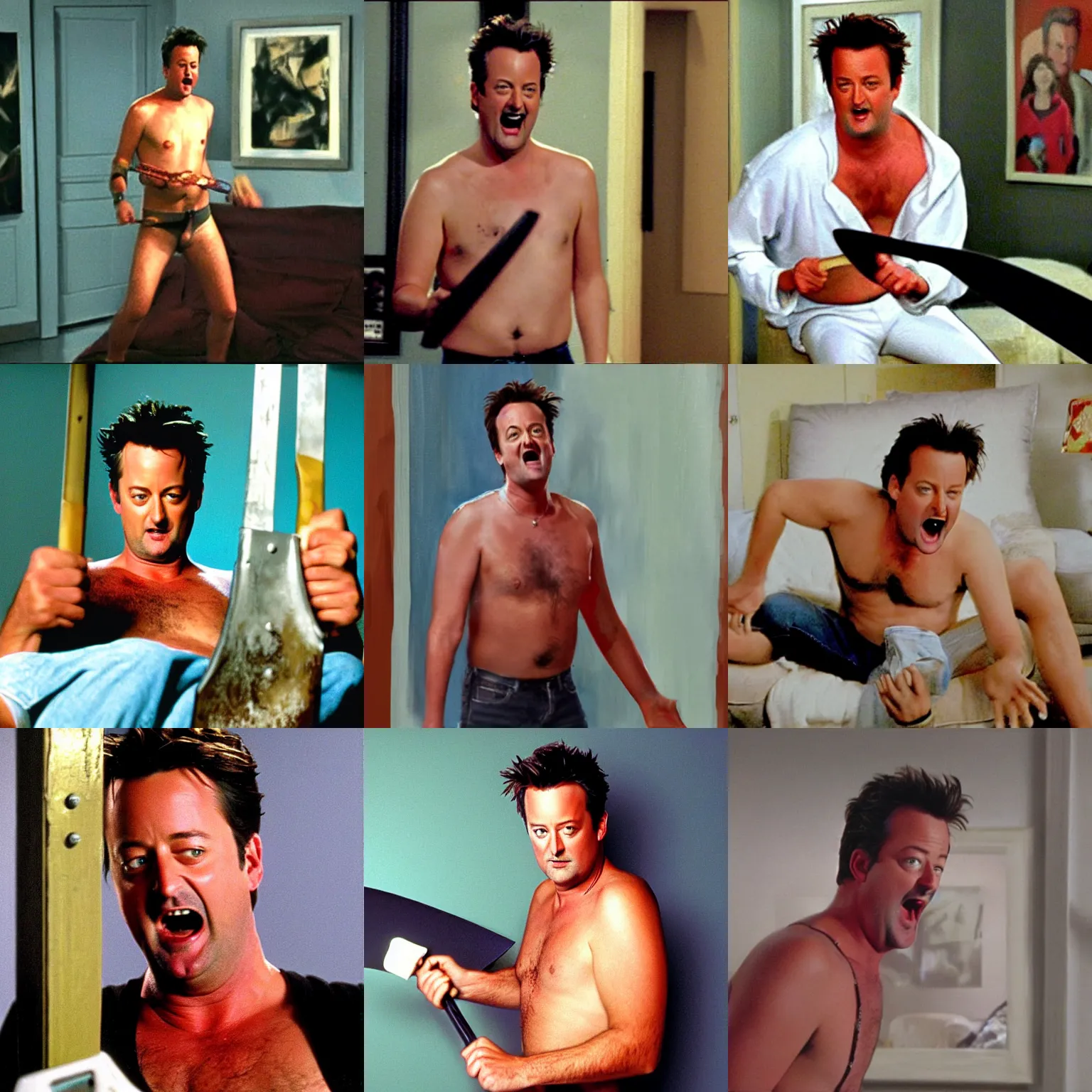 Prompt: matthew perry in his apartment wearing only white briefs swinging a shiny metal machete while screaming, friends 9 0 s tv show screenshot, ultrarealistic painting