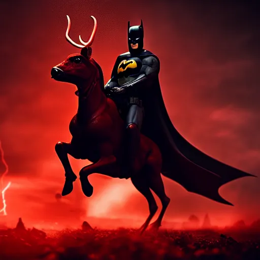 Prompt: batman riding demonic red deer in battlefield, dark, cinematic lighting, chaotic, wide shot, photorealistic, photograph