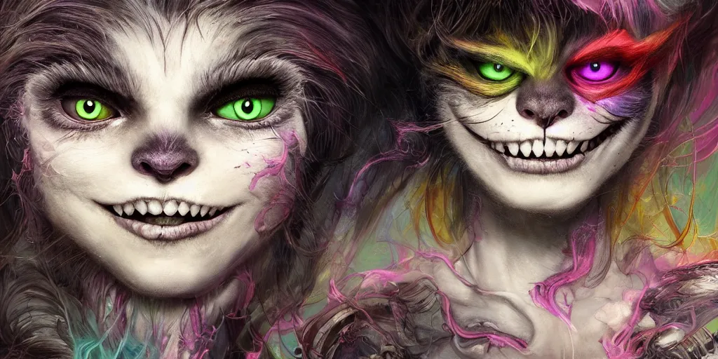 Image similar to dream portrait of Cheshire Cat from Alice in Wonderland,full character, melting ,8k,by tristan eaton,Stanley Artgermm,Tom Bagshaw,Greg Rutkowski,Carne Griffiths, Ayami Kojima, Beksinski, Giger,trending on DeviantArt,face enhance,hyper detailed,minimalist,horror, android, full of colour