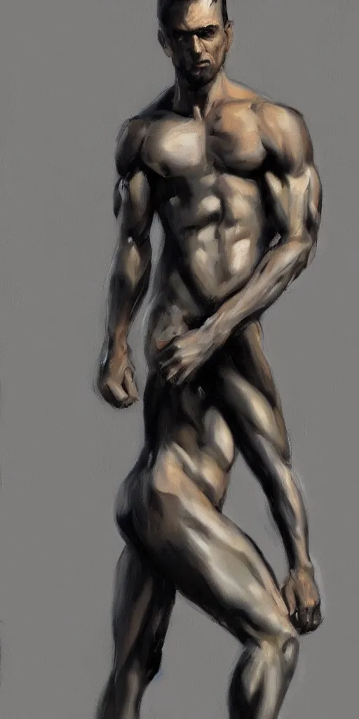 Prompt: closeup, very few thick long paint brush strokes, outline suggesting the physique of one!!! very thin athletic man posing dramatically, closeup, matte colors, dark background, abstract painting trending on artstation