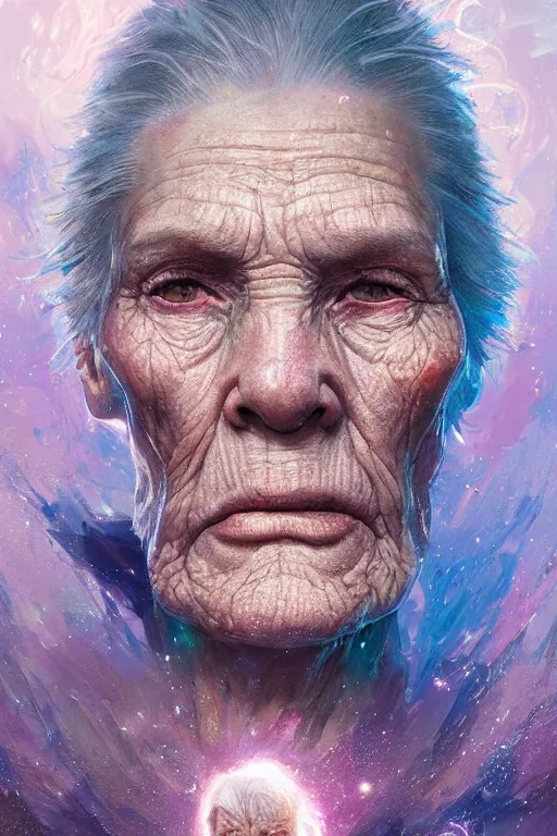 Prompt: the look of an elderly person full of wrinkles and imperfections by artgem and greg rutkowski, highly detailed, vivid colors, trippy, nebula, trending on artstation