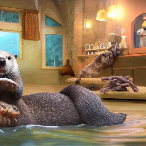 Image similar to character set, concept art, otters playing, 3 d render, pixar, dreamworks,