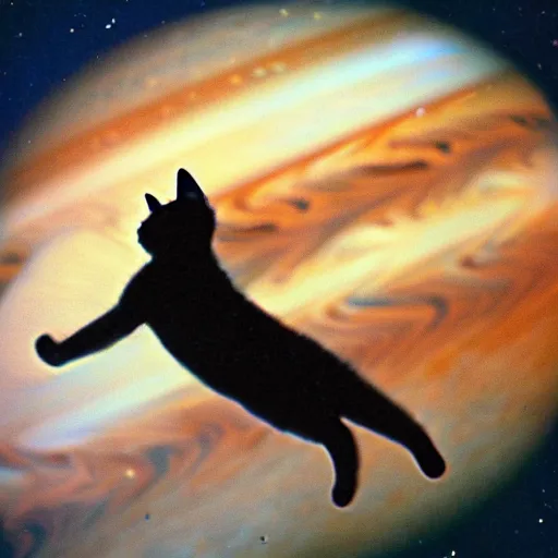 Image similar to cat with astronaut suit flying over the jupiter, photo