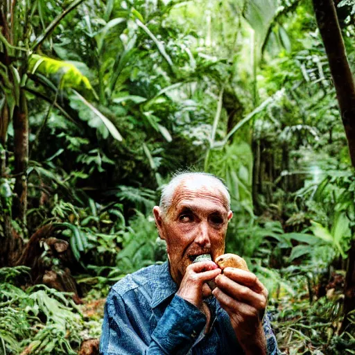 Image similar to an elderly man eating a mushroom in lush tropical jungle, 🍄, canon eos r 3, f / 1. 4, iso 2 0 0, 1 / 1 6 0 s, 8 k, raw, unedited, symmetrical balance, in - frame