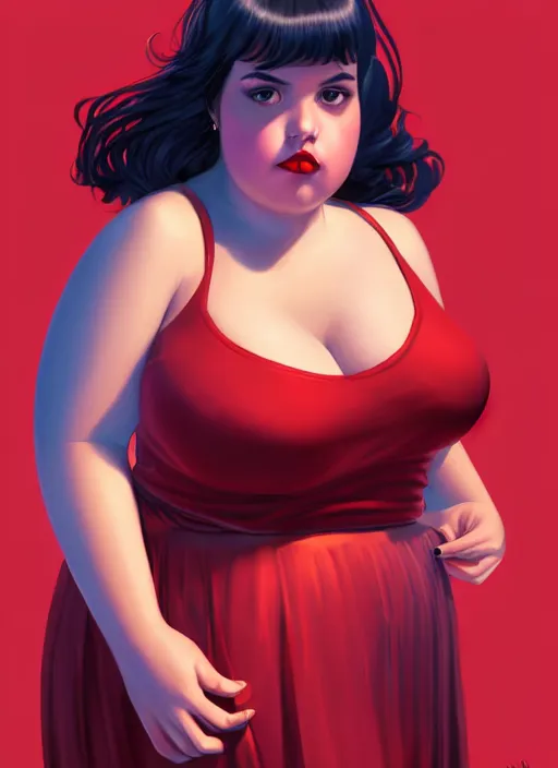 Image similar to full body portrait of teenage veronica lodge, obese, bangs, sultry, realistic, sultry smirk, wavy hair, red skirt, fat, belly, intricate, elegant, glowing lights, highly detailed, digital painting, artstation, concept art, smooth, sharp focus, illustration, art by wlop, mars ravelo and greg rutkowski