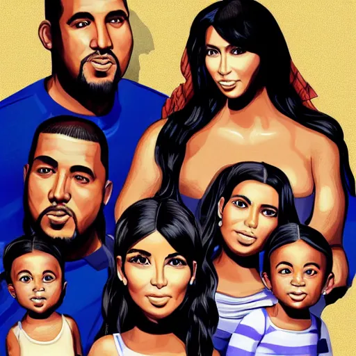 Image similar to Family portrait of Kim Kardashian and husband Freddy krueger with their 3 children. illustration, highly detailed