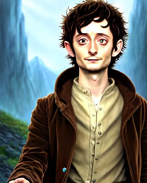 Image similar to portrait Anime joyful Elijah Wood as Hobbit Frodo Baggins; velvet brown jacket, backpack, Shire background || cute-fine-face, pretty face, realistic shaded Perfect face, fine details. Anime. realistic shaded lighting by Kim Jung Gi, brom, Pixiv, by Ross Tran, Greg Rutkowski, Mark Arian