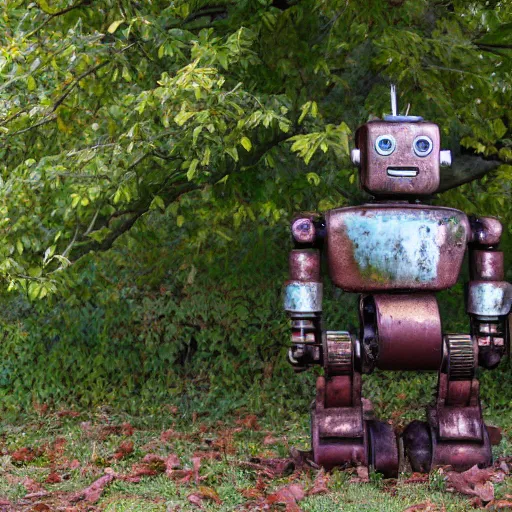 Image similar to rusty robot sitting by a tree, auction catalogue photo