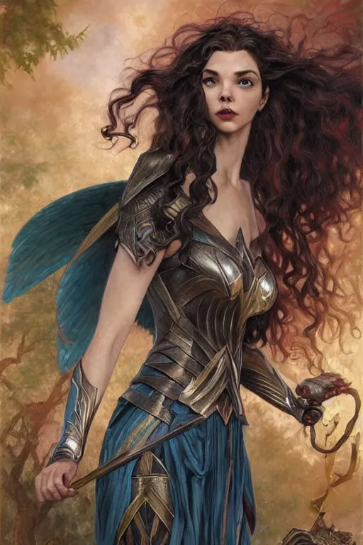 Image similar to A fantasy comic book style portrait painting of, hybrid of Gal Gadot, Anya Taylor-Joy, as a Mystical Valkyrie, a beautiful female Reptilian warrior, Regal, Realistic, Refined, Detailed Digital Art, Josephine wall, Oil Painting, William-Adolphe Bouguereau, Art Frahm, Esao Andrews, Steampunk, Walt Disney (1937), Highly Detailed, Cinematic Lighting, Unreal Engine, 8k, HD