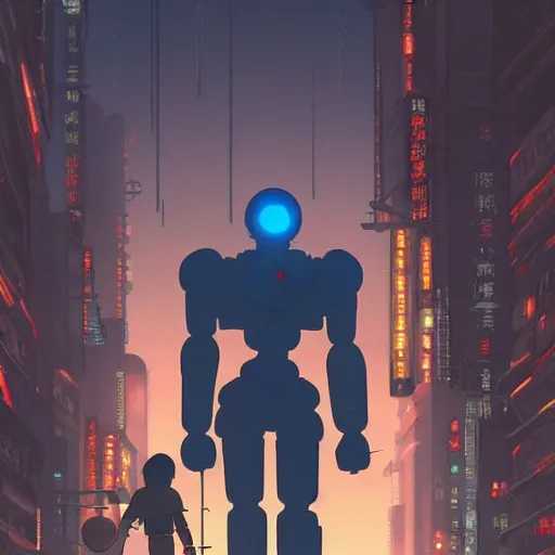 Image similar to Iron Giant in future japan at night, concept art, fine details, studio ghibli, cinematic lighting, ghost-in-the-shell, cyberpunk,sci-fi, fantasy, intricate, elegant, highly detailed, digital painting, trending on artstation, concept art, smooth, sharp focus, illustration, by james gurney and greg rutkowski