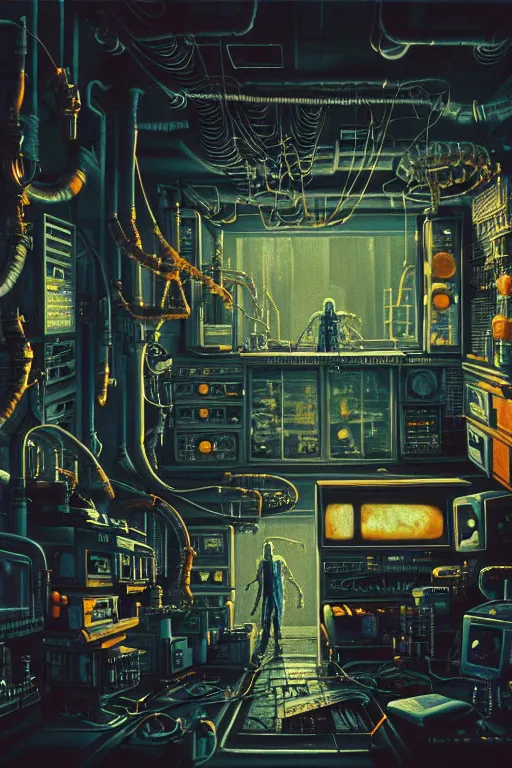 Prompt: a highly detailed painting of a mad scientist laboratory on halloween, 1 9 8 0 s science fiction, 1 9 7 0 s science fiction, alien 1 9 7 9, cyberpunk, 3 d oil painting, depth perception, 4 k, artstation