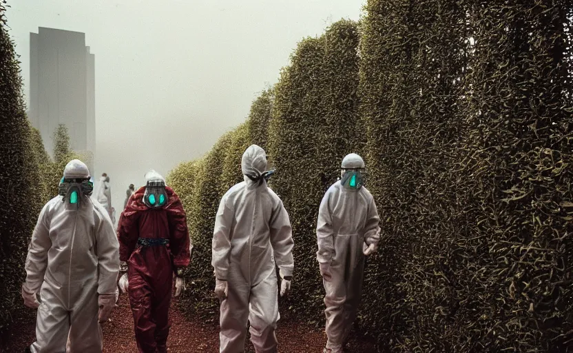 Prompt: cinestill 5 0 d photographic portrait by helen levitt of evil hazmat scientists walking through a brutalist hedge maze, extreme closeup, cinematic, modern cyberpunk, dust storm, 8 k, hd, high resolution, 3 5 mm, f / 3 2, tenet