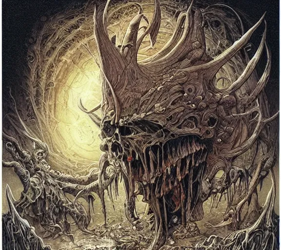 Prompt: A horror illustration design of a prophecy book from hell revealing the fate of mankind,by M.W.kaluta , Andrew Ferez , Billelis ,aaron horkey, peter gric,trending on pinterest,rococo,hyperreal,maximalist,glittering,feminine-H 768