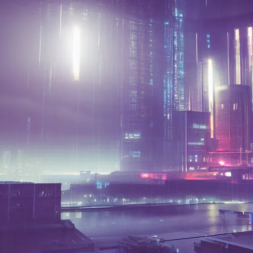 Image similar to cyberpunk nuclear plant, futuristic, apartment, night, rain, volumetric light, ray traced, photography, behance