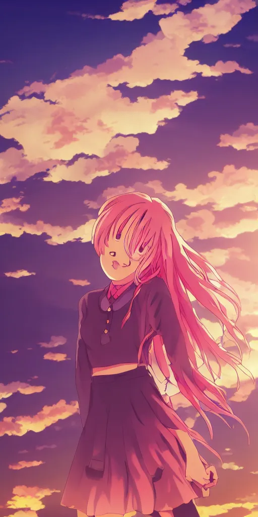 Image similar to anime art, anime key visual of a cute elegant anime girl with pink hair and big eyes, city rooftop at sunset with clouds, golden hour sunset, background blur bokeh!, beautiful lighting, high quality illustration, studio ghibli