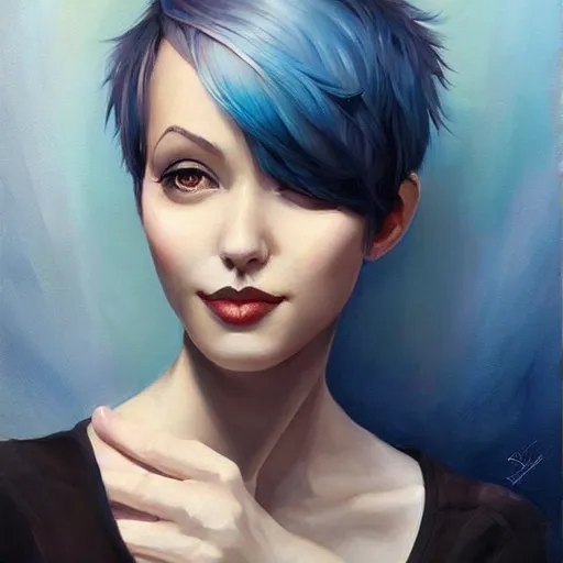 Image similar to a beautiful painting of a smiling woman with stylish short blue hair representative of the art style of artgerm and wlop and peter mohrbacher