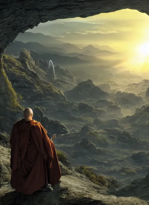 Image similar to a cosmic monk in lord of the rings scenery landscape, looking out at a futuristic alien spaceship in the sky, sunrise, god's rays, highly detailed, vivid color, cinematic lighting, perfect composition, 8 k, gustave dore, derek zabrocki, greg rutkowski, belsinski, octane render