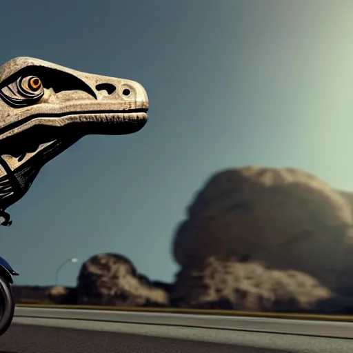 Image similar to a velociraptor, with a black jacket, driving a motorbike, photorealistic 3 d octane render, unreal engine