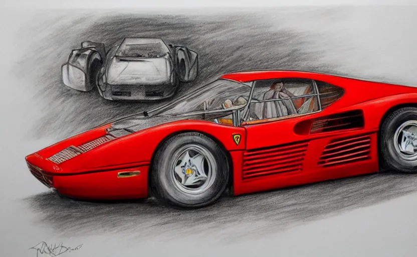 Prompt: a drawing of a red Ferrari Testarossa with wheels and rims, an airbrush painting by Ed Roth, trending on cgsociety, modern european ink painting, matte drawing, airbrush art, detailed painting, 8k