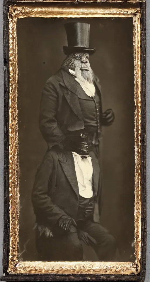 Image similar to a vintage wet plate portrait of a dignified bigfoot with a top hat and cane