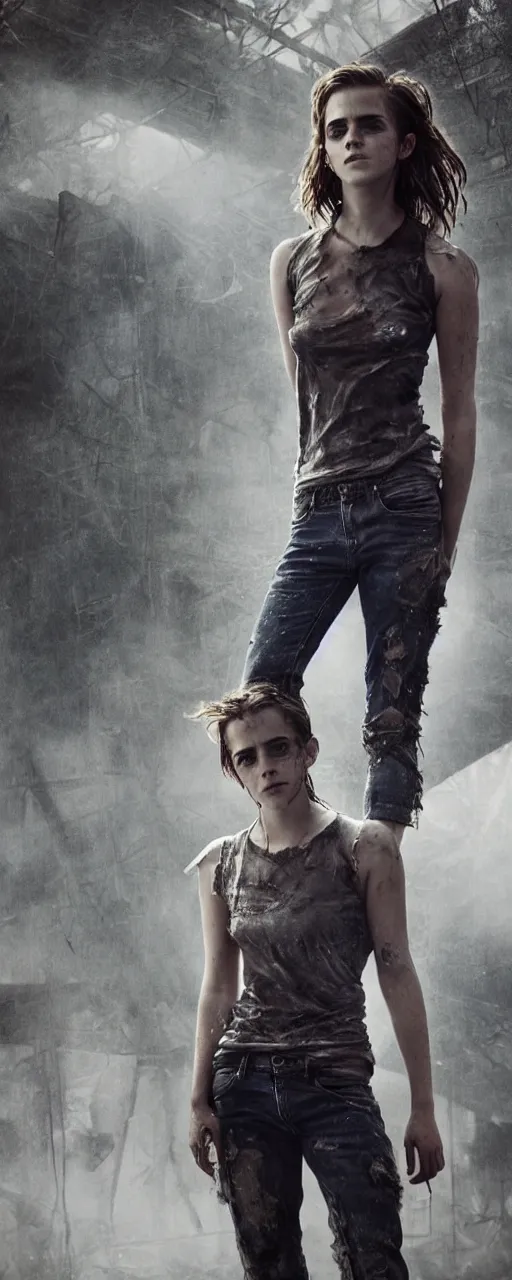 Image similar to dishevelled Emma Watson photorealistic portrait grimy sweating wet face dirty tshirt and torn jeans in broken biomechanical fractal armour abandoned sci-fi gas station, dark and dim atmospheric smog trending on artstation 8k matte painting, dramatic lighting, dramatic shadows professional photograph by Cecil Beaton