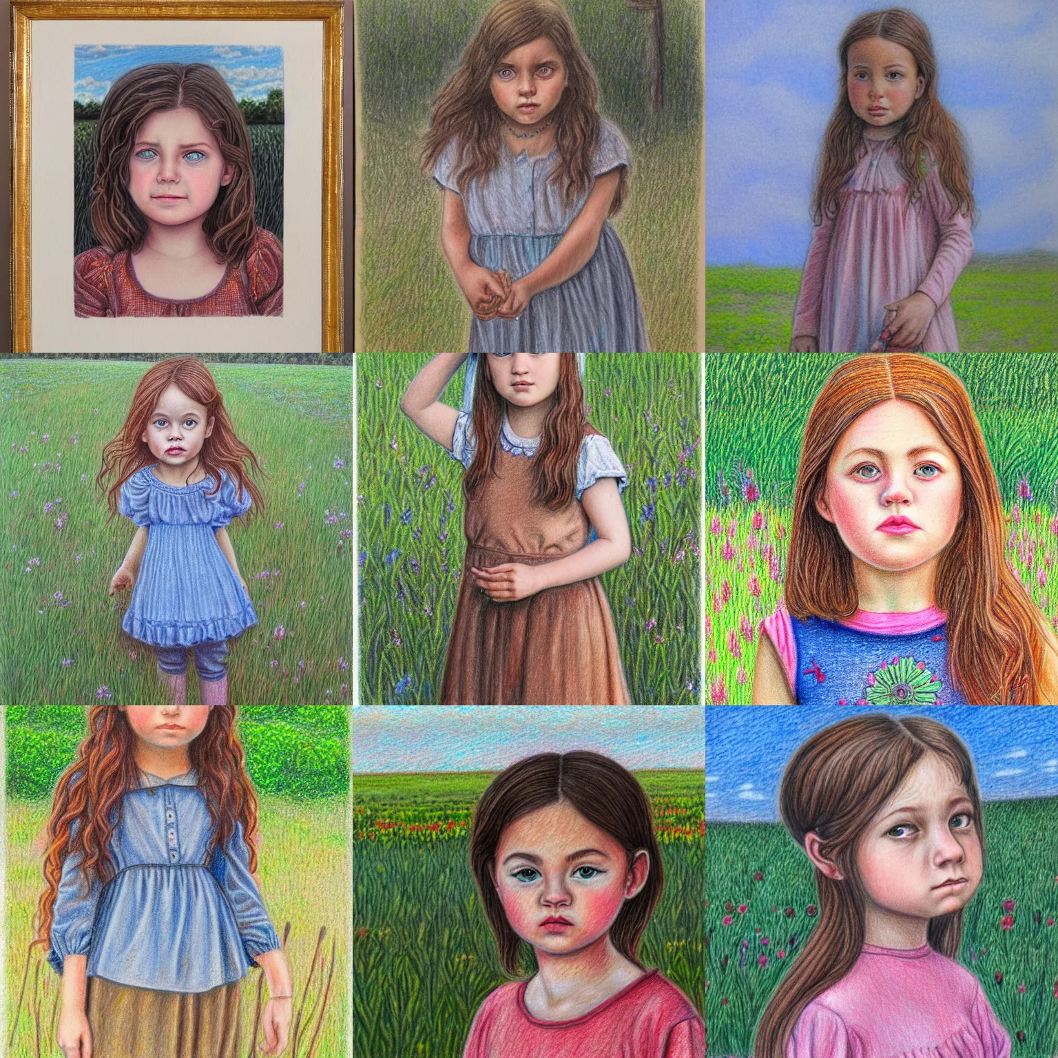 Prompt: ornate, detailed, portrait colored pencil drawing of curious girl standing in field looking at camera.