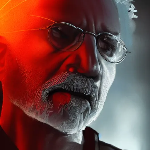 Image similar to portrait of angry Narendra Modi, dystopian, dirty, cyberpunk, volumetric lighting, cgsociety