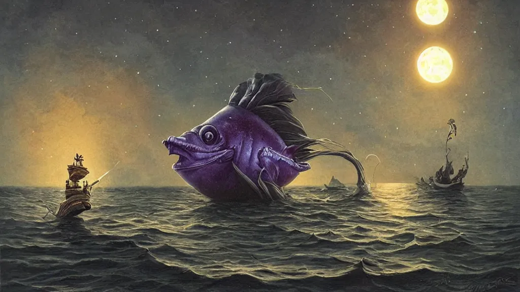 Prompt: a giant!!!! anglerfish!!!! at the surface of the water meets a lantern - holding!!!! sailor!!!! on a sloop, background with large full moon and purple sky, in the styles of tom coletti, jorge jacinto, and thomas veyrat intricate, accurate details