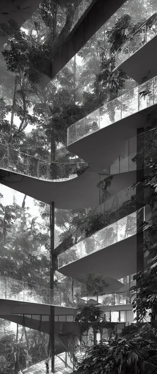 Prompt: architecture inspired by le corbusier in the rainforest. nature is taking over. upside down. metabolism. matte painting. octane render. hdr. volumetric lighting. global illumination. atmospheric. photorealistic. color scheme black and white.