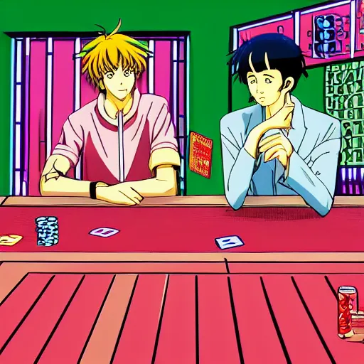 Prompt: man losing all his money at the poker table, sprite, vaporwave nostalgia, directed by beat takeshi, visual novel cg, 8 0 s anime vibe, kimagure orange road, maison ikkoku, sketch by osamu tezuka, directed by makoto shinkai and beat takeshi