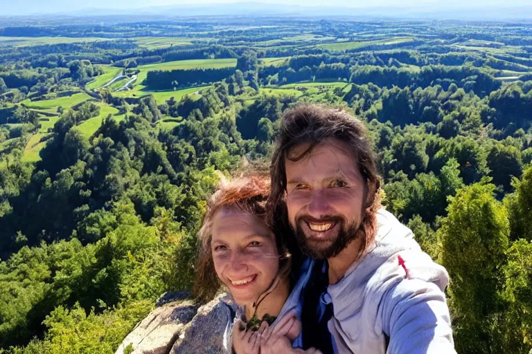 Image similar to selfie from a mobile phone of happy jesus and happy mary magdalene standing on a cliff looking over a beautiful landscape in france, in love, rennes - le - chateau, award winning photo, wide angle lens, very detailed, photorealistic