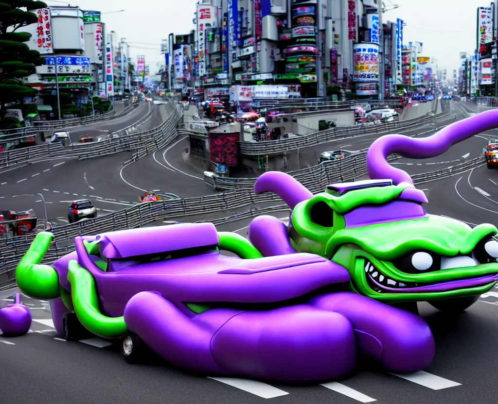 Prompt: anthropomorphic JZX100 twin turbo drift jet engine monster truck drag racer cowboy Cadillac hover-car UFO with cowboy snake facial features speeding in the road, Tokyo prefecture, Japanese architecture, city sunset mist lights, cinematic lighting, photorealistic, detailed alloy wheels, highly detailed purple green snake oil wacky races power ranger bat-mobile transformer car