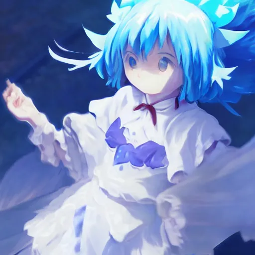 Image similar to pixiv artwork of cirno from touhou project, cirno touhou artwork by greg rutkowski makoto shinkai key art kyoto animation