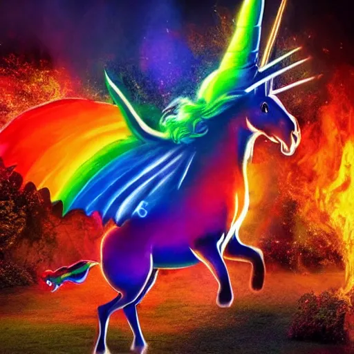 Image similar to unicorn dragon spitting rainbow fire, realistic