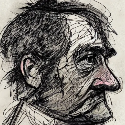 Image similar to a realistic yet scraggly portrait sketch of the side profile of a stern and sophisticated the heavy, trending on artstation, intricate details, in the style of frank auerbach, in the style of sergio aragones, in the style of martin ansin, in the style of david aja, in the style of mattias adolfsson