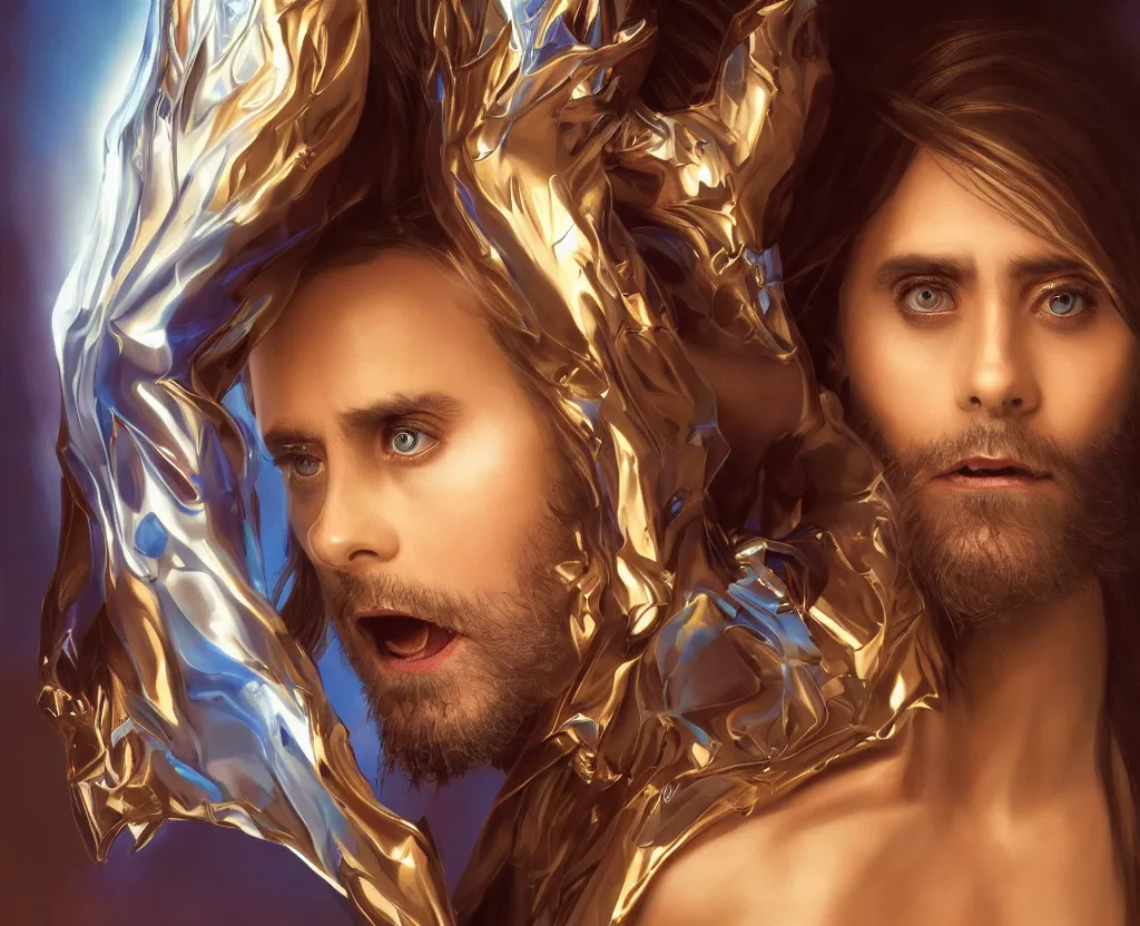 Prompt: dramatic portrait of Jared Leto, bloomed lighting, angelic, futuristic, beautiful colors, slightly golden, very sharp likeness, very detailed, chopping hands, electrical details, cinematic lighting high details, 4k, 8k, trending on artstation, ultra-realism, by Boris Vallejo and Hajime Sorayama