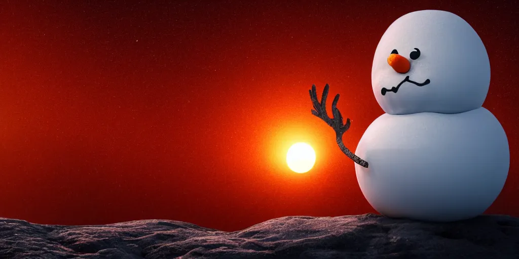 Prompt: a melting snowman standing on top of the sun. the ground is made of fire and lava and is glowing orange. cinematic, dramatic, epic, volumetric lighting, atmospheric, red, orange extremely coherent, 8 k, space