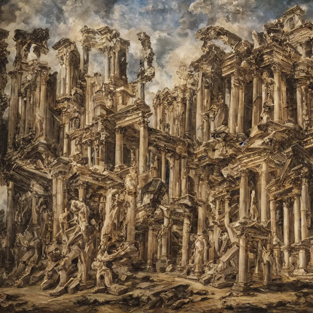 Image similar to oil painting extremely detailed of a destroyed panteon with 7 statues of extint forgotten gods