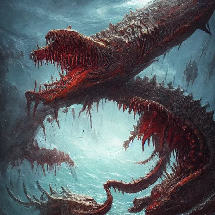 Image similar to sea monster large horror under the ocean d & d, d & d style, trending on artstation, intricate, highly detailed, vivid painting, colorful, art by greg rutkowski