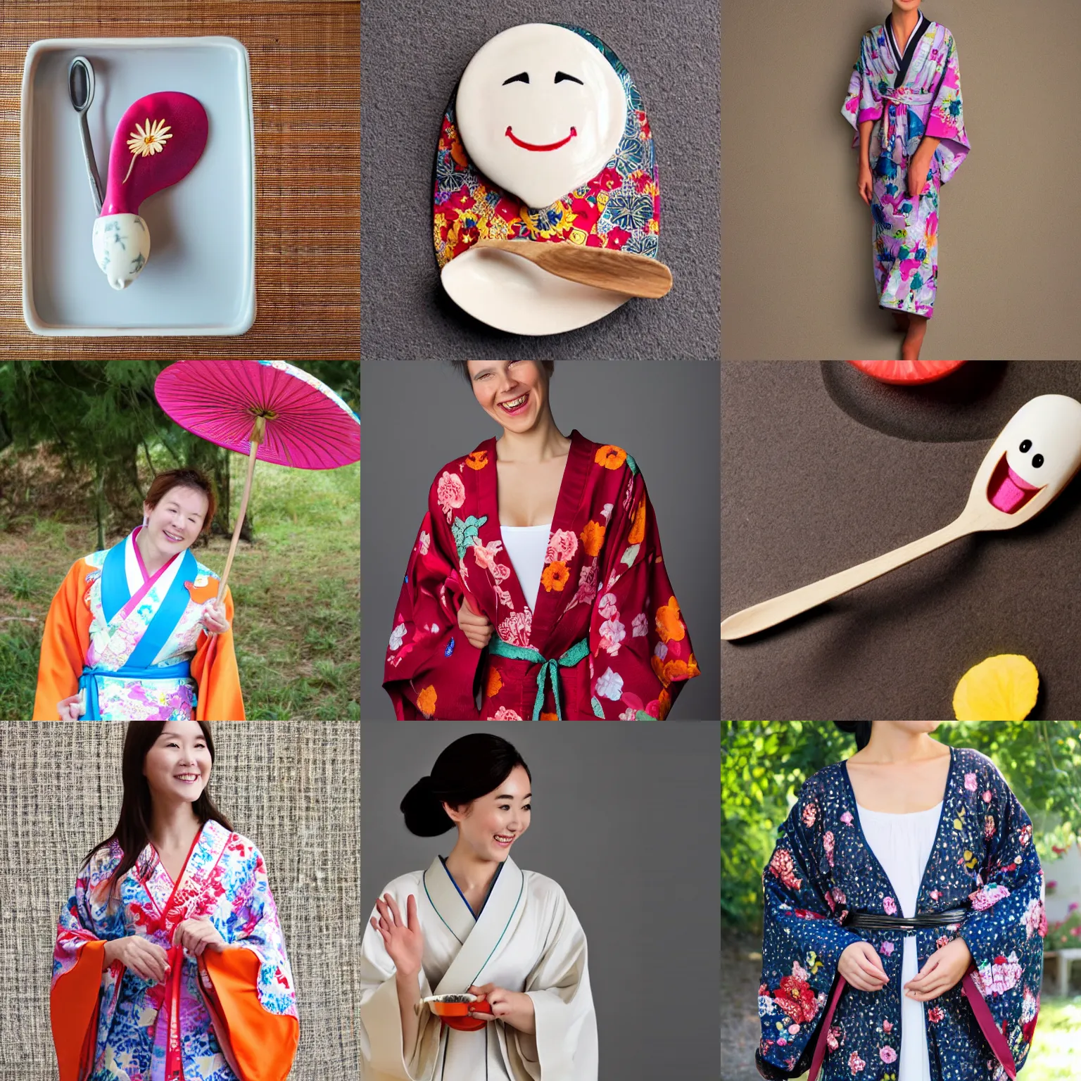 Prompt: smiling spoon wearing a kimono