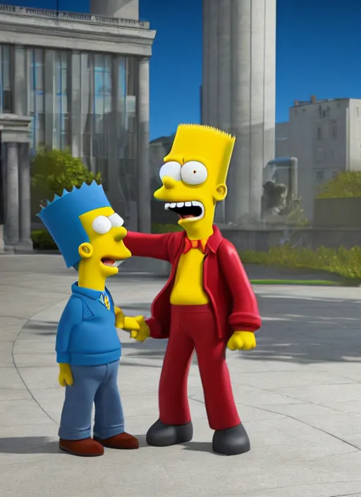 Prompt: bart simpson and harry potter business handshake, they're all statues, octane render, 8 k, highly detailed, hyper - realistic.