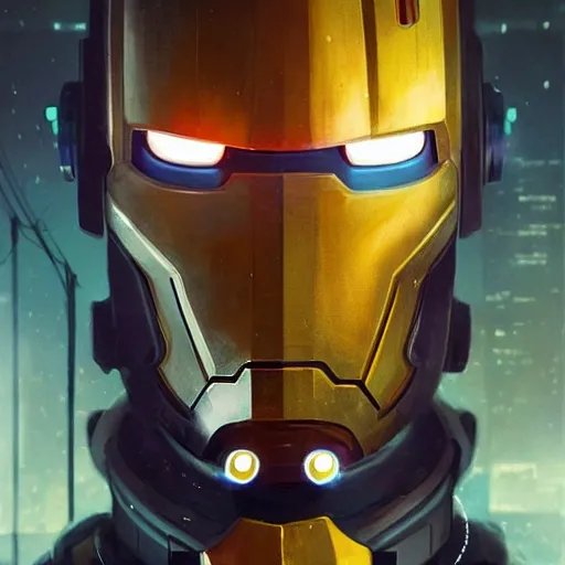 Image similar to robot with glowing yelow visor as a realistic scifi cyberpunk knight, closeup portrait art by james jean and greg rutkowski, realistic face, like ironman, digital art, trending on artstation, symmetry!!!