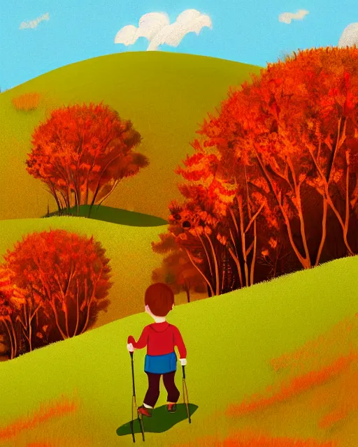 Image similar to autumn hillside boy hiking illustration detailed, by alba ballesta gonzalez