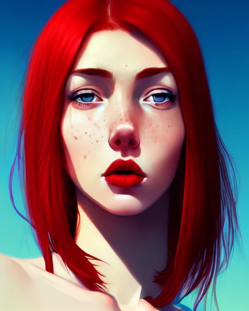 Image similar to a detailed portrait of an attractive woman with red hair and freckles by ilya kuvshinov, digital art, dramatic lighting, dramatic angle